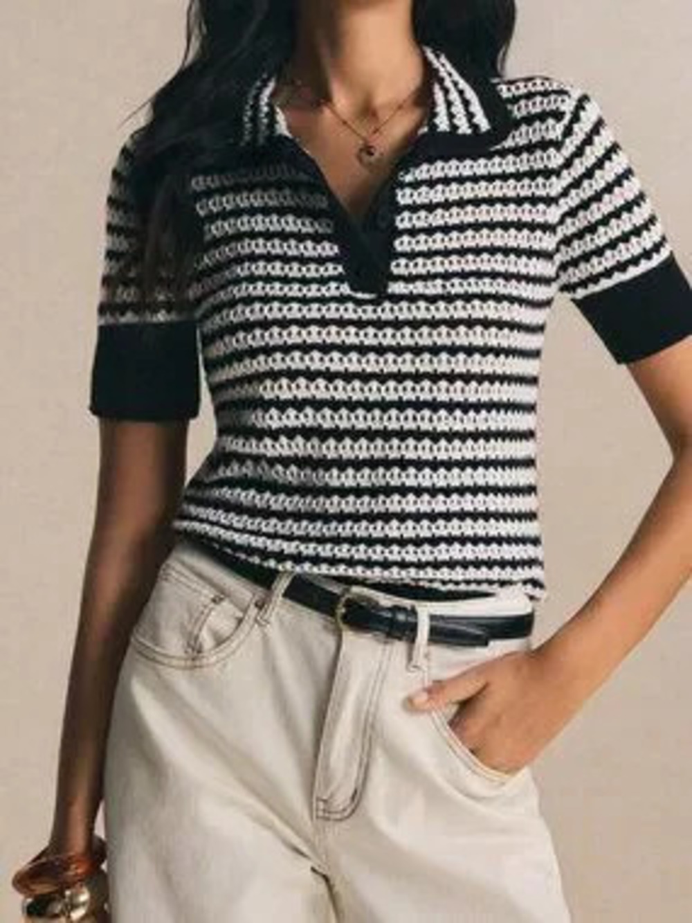 Black And White Casual Women's Striped Knit Polo Top-Short Sleeve